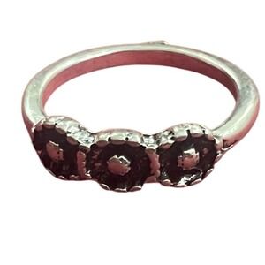 Silver Tone Poppy Floral Trio Band Ring Size 4.25 Antiqued Flower Design